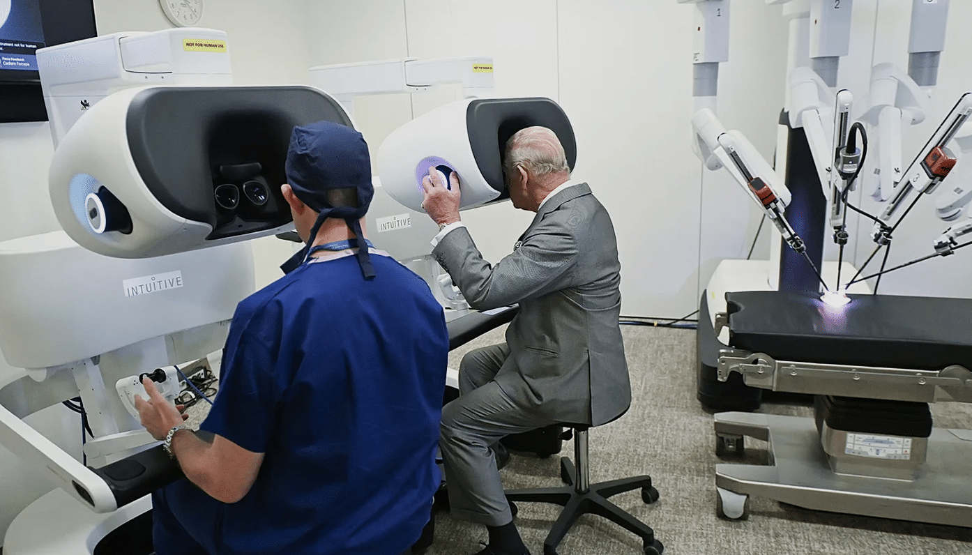 High-Tech AI Remote Surgery Console with Surgeon and Consultant